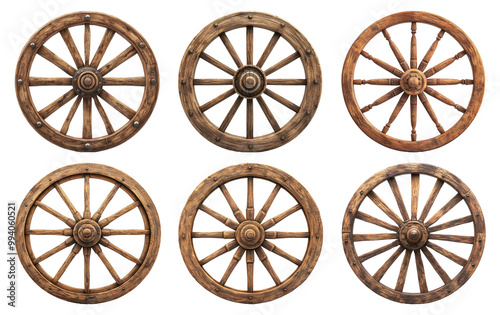 Set of rustic wooden wagon wheels in vintage style isolated on transparent background