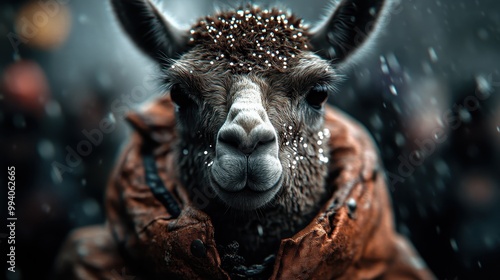 A charming llama braves the cold in an orange winter coat as snowflakes gently fall upon its face, creating a peaceful and heartwarming winter scene.