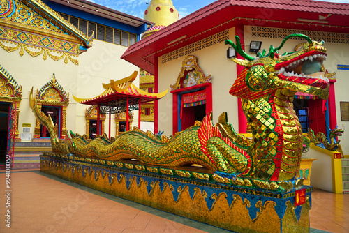 An adorned Naga or snake-dragon like mythical protector being outside the main entrance to the Wat Chaiyamangkalaram Thai Theravada Buddhist temple built in 1845 in Georgetown,Penang,Malaysia