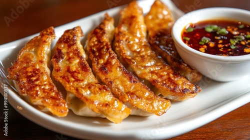 Close-up of a plate of fried dumplings served with a side of spicy chili sauce.