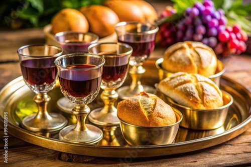 Elegant communion serving trays arranged for a religious ceremony with bread and wine elements