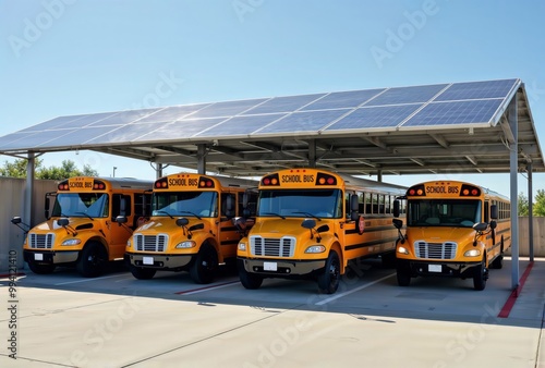 Solar powered school buses. School buses parked under a solar panel canopy.