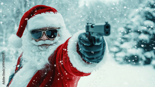 santa claus with sunglasses holding a gun, cool santa clause