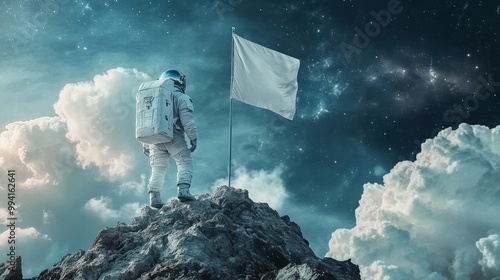 An astronaut scaling mountain with empty flag on journey to success under cosmic sky, Conquering new horizons