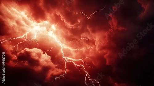 A dramatic lightning storm lights up the dark red sky over a rural landscape during a summer evening