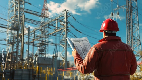 A red-hatted engineer holds blueprints at an electrical substation while holding a red hardhat.