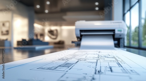 High-resolution of a large format printer producing architectural blueprints on a roll of paper, highlighting the print job.