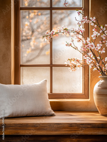 Cozy window nook with a vase of cherry blossoms and a soft cushion on a wooden ledge during a sunny afternoon