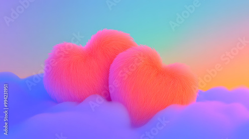 Two Fuzzy Pink Hearts Resting on Soft Clouds at Sunset