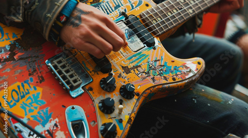 A medium close-up of hands holding an electric guitar with colorful stickers and wear marks, reflecting an alternative punk rock style.