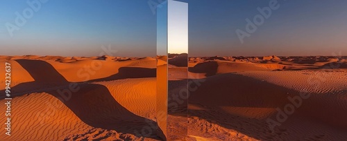 Three-dimensional illustration of a large mirror at a sand desert exhibiting orientalist landscapes geometric surrealism abstract surrealism