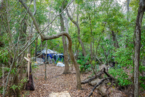 Makeshift Homeless Shelter Made of Scrounged Materials in Wooded Area of Suburban New Orleans, LA, USA