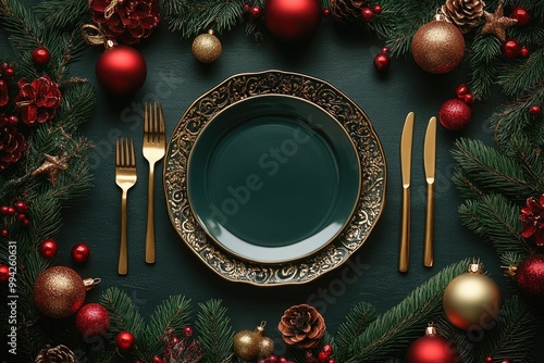 Elegant christmas table setting with golden cutlery and green plates