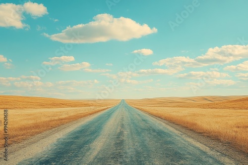 Empty road vanishing into the horizon of a golden field