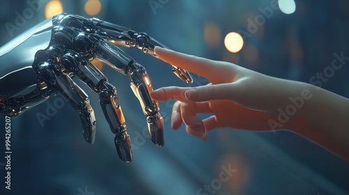 The human finger delicately touches the finger of a robot's metallic finger. Concept of harmonious coexistence of humans and AI technology,