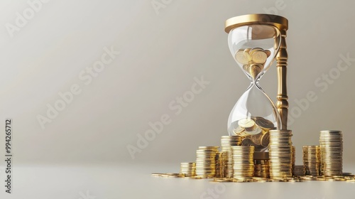 Time and money concept with hourglass and increasing coin stacks on a neutral background. Financial planning and investment theme for presentations and web design