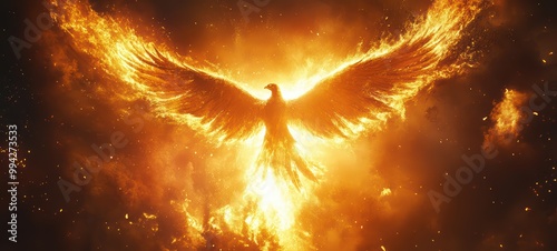 An illustration of a phoenix rising from the ashes, with its wings spread wide and flames surrounding it, symbolizing rebirth and rising to new heights