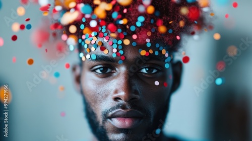 Close-up image of a young man surrounded by vibrant, floating confetti, with bold, expressive eyes, presenting a feeling of joy and celebration.