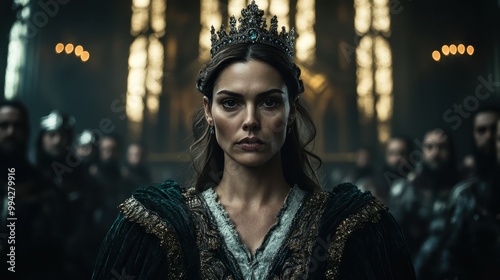 A commanding queen wearing a crown stands majestically in a lavishly decorated medieval throne room, exuding power and authority over assembled courtiers.