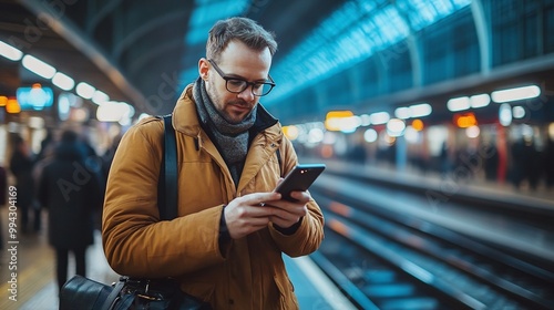 businessman checking his smartphone at a modern train station, navigating his commute with mobile connectivity, highlighting professional mobility and digital communication