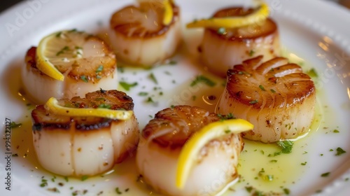 A plate of scallops with lemon slices and parsley