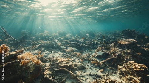 Underwater view of a coral reef with sunlight filtering through the water highlighting bleached and dying corals in a beautiful but fragile marine ecosystem