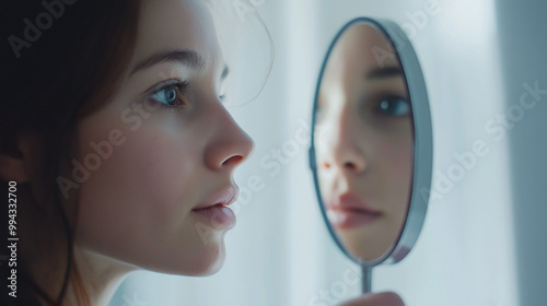 Woman looking into mirror in peaceful reflection