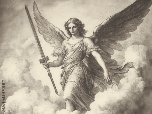 Classical engraving of a winged angel holding a sword among clouds