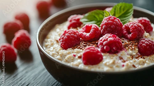 A close up of creamy oatmeal with fresh raspberries and flax seeds, placed on a dark wooden table with a soft morning light streaming in from the background