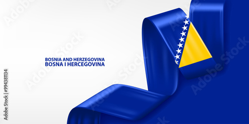 Bosnia and Herzegovina 3D ribbon flag. Bent waving 3D flag in colors of the Bosnia and Herzegovina national flag. National flag background design.