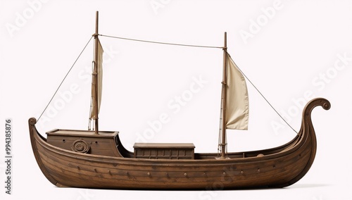 Side-view portrait of an ancient Roman sailboat standing alone against a backdrop Isolated Ancient Roman Sailboat