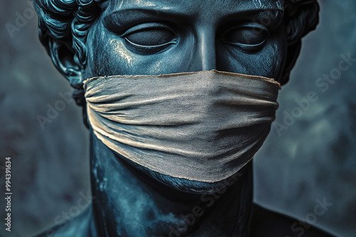 A classical sculpture of a man with a mask over his mouth, emphasizing the theme of silence or suppression, restriction of free speech, cancel culture 