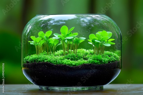 A terrarium filled with miniature plants, creating a self-sustaining ecosystem in a glass container