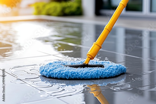 A hyper-realistic image of a mop cleaning a tiled floor, with water droplets and cleaning solution reflecting light off the clean tiles