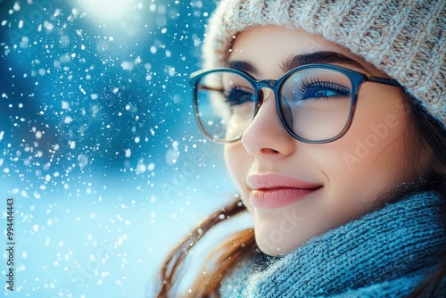 Woman wearing eyeglasses and beanie enjoying winter snowfall