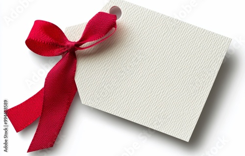 Elegant blank gift tag with a red satin ribbon bow ready for holiday presents