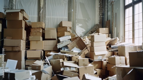 A cluttered room filled with piles of cardboard boxes and scattered papers, giving off a sense of chaos and disorganization in a storage or moving situation.