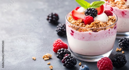 Delicious mixed berry yogurt parfait topped with granola and fresh mint on a dark surface