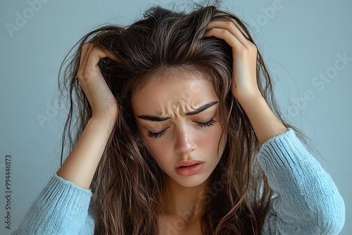 A woman shows intense frustration and stress by pulling her hair, vividly expressing irritation and emotional overwhelm in a tense moment. 