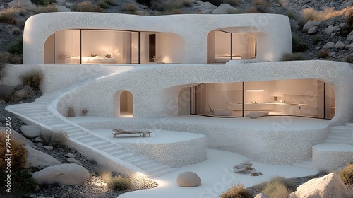 creative design features cubic forms clustered around natural routes, with rubble stone walls framing courtyards and terraces, set in a restored olive grove.