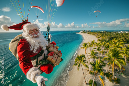 Selfie of Santa Paragliding Above a Tropical Beach with Christmas Presents, Adventure Travel Concept