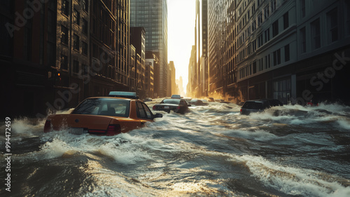 Destructive floodwaters engulf city streets, causing chaos and disruption during a sunlit evening