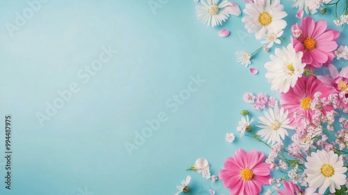 A colorful arrangement of pink and white flowers on a blue background for spring celebration