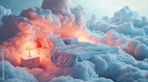 A dreamy bed made of clouds floating serenely in the sky, surrounded by fluffy white clouds and softly illuminated by gentle light