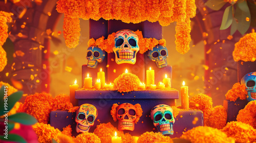 A podium adorned with traditional Day of the Dead decorations, including marigold garlands, glowing candles, and colorful sugar skulls, set against a vibrant backdrop.