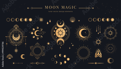 moon magic: set / collection of lunar / celestial design elements with moon phases, bursting rays of moonlight, star shapes, frames and abstract elements for mystic prints, patterns or backgrounds