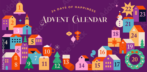 Merry Christmas, Advent Calendar. Concept design with Christmas village, decorations, gifts and homes. Vector illustration