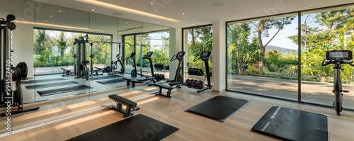 Modern Scandinavian home gym featuring a minimalist design with functional fitness equipment, large mirrors, and serene views of the outdoors