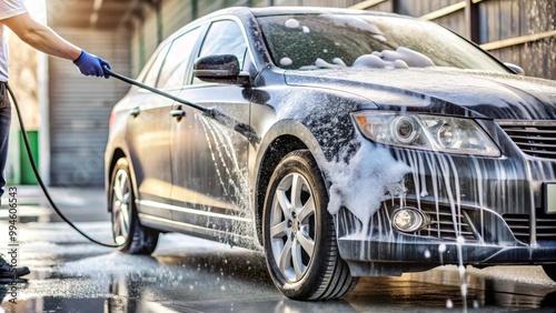 Car wash employee is spraying soap suds on a car with a pressure washer