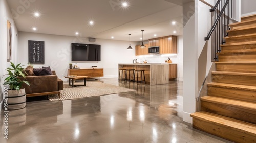 Scandinavian basement remodel with polished concrete flooring, light wooden accents, and modern minimalist furniture